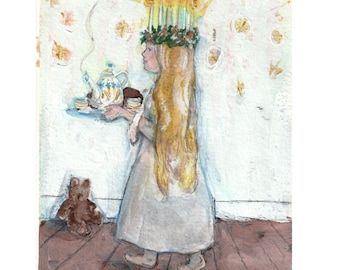 Saint Lucia Day, Saint Lucia painting, little girl with candles, Swedish Christmas tradition, Swedish, Christmas, candles on girls head