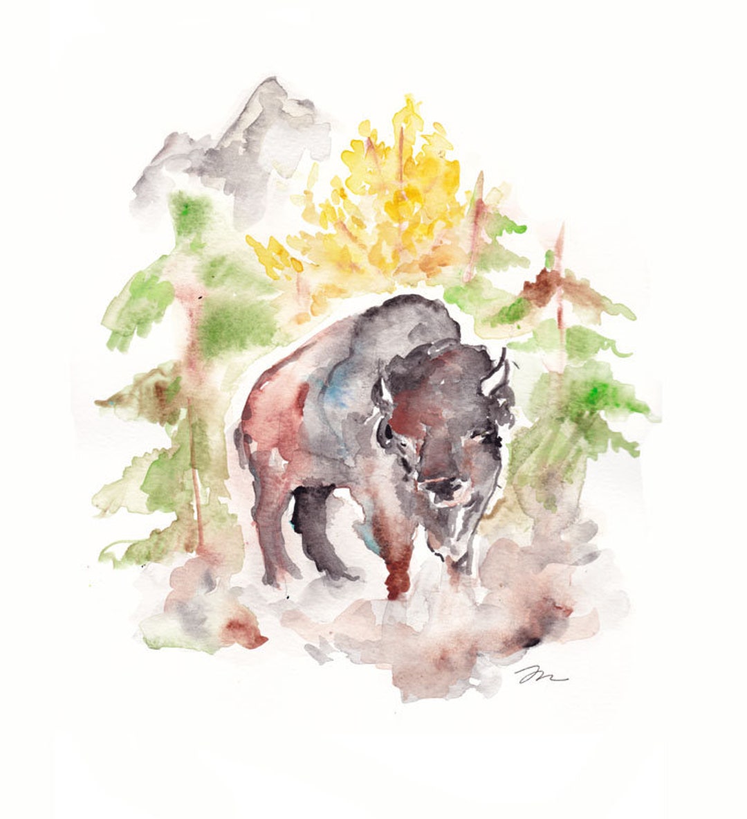 Watercolor Bison, Forest Bison, Bison Artwork, Watercolor Buffalo ...