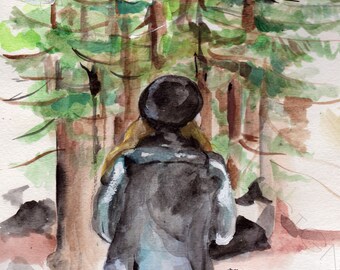 Into the Unknown, hiking painting, woman in the forest, camping lover, painting for hiking lovers, painting for hikers, hiking art, forest