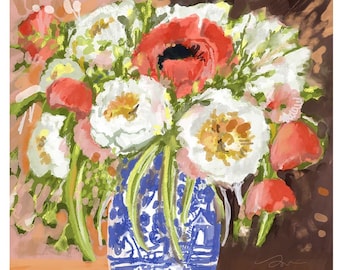 Blue and white pottery bouquet, painting of a bouquet, poppy in blue and white, blue and white pottery, white and blue, gardener gift