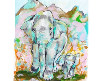 Elephant and baby, Indian Elephants, elephant painting, abstract painting, abstract elephant, watercolor elephant, acrylic elephant, mother