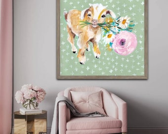 Goat with flowers, floral watercolor, floral goat, farmhouse nursery, farmhouse art, farmhouse decor, farmhouse room