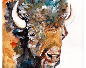 Bison face, bison print, bison painting, buffalo painting, watercolor buffalo, watercolor bison, wild buffalo, wild bison, bison farm