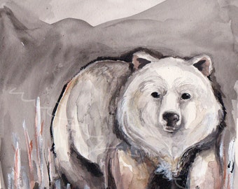 White Grizzly Bear Watercolor Painting, Signed Art Print