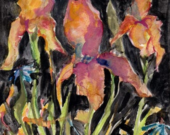 Irises, Iris painting, Iris abstract painting, Iris watercolor print