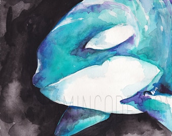 Orca Watercolor Painting, Archival Whale Print