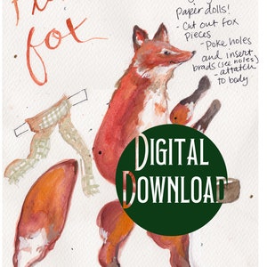 Op de afbeelding: Een digitale download voor een papierpoppen-knutselproject met een vos. De vos is rood en oranje met een witte borst en staart. De afbeelding bevat instructies voor het in elkaar zetten van de papierpop, inclusief het prikken van gaten en het inbrengen van klinknagels om de stukken te bevestigen.