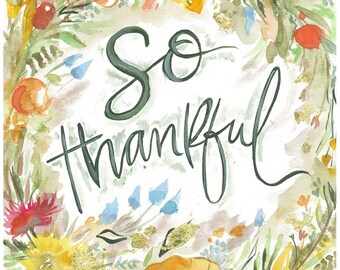 So Thankful Fall Floral Wreath Print, Autumn Decor