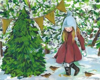 Girl in the snow, winter wonderland art, girl in snow, girl with christmas tree, child in snow
