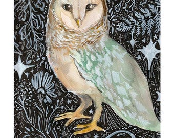 Moon owl, owl painting, watercolor barn owl, watercolor art of owl