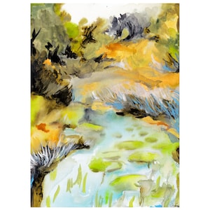 Landscape, watercolor landscape, pond landscape, pond painting, waterlillies, blues and greens