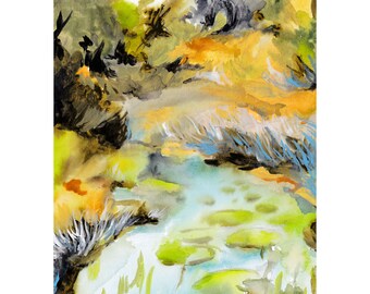 Landscape, watercolor landscape, pond landscape, pond painting, waterlillies, blues and greens
