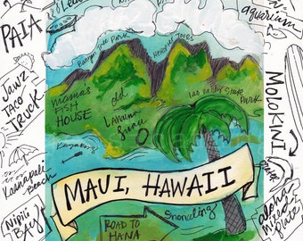 May include: A hand-drawn map of Maui, Hawaii, with colorful watercolor accents. The map highlights popular destinations like Ho'opika Beach, Lahaina, and the Road to Hana. It also features icons for activities like snorkeling, kayaking, and visiting the Haleakala National Park.