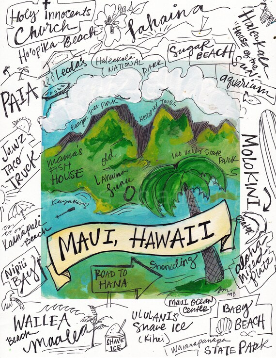 Maui Illustrated Icon Map Map of Maui Map of Hawaii Map of Etsy