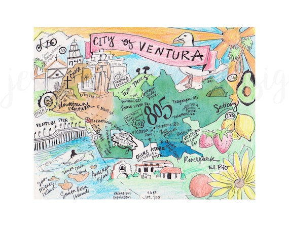 Ventura California Map Ventura Illustration Ventura County | Etsy