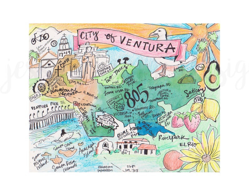 Ventura California map, ventura illustration, Ventura county, ventura county line image 1