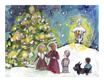 children in the snow, winter wonderland art, girl in snow, girl with christmas tree, child in snow, neighborhood christmas