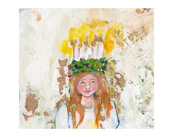 Saint Lucia Day, Saint Lucia painting, little girl with candles, Swedish Christmas tradition, Swedish, Christmas, candles on girls head