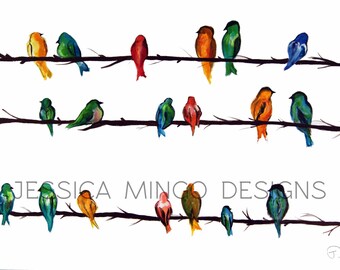 Birds Print, Watercolor Birds, Watercolor Bird Painting, Birds on Wire, Birds on a power-line, Birds together print, Colorful Bird Painting,