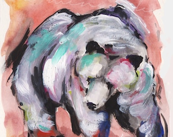 Archiefdruk witte beer, kleurrijk schilderij grizzlybeer, gesigneerde kunst