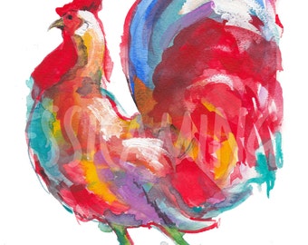 Merry Rooster Watercolor Art Print, Kitchen Decor