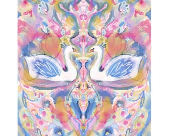 Swan print, swan art, swans, swan art print, watercolor swans, swan pattern, bohemian art