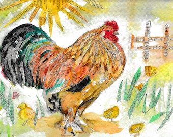 Proud Papa, rooster and chick art, rooster artwork, rooster painting, rooster collage