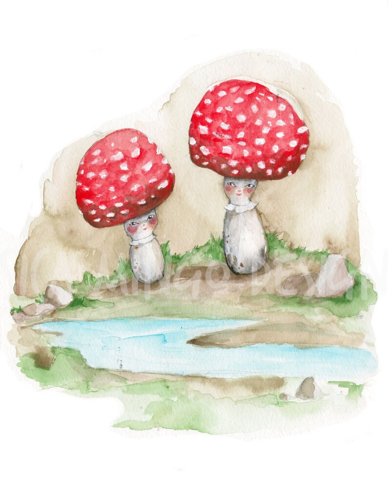 May include: Two watercolor paintings of red and white mushrooms with white faces and black eyes. The mushrooms are standing on a brown background with a blue stream of water in the foreground.