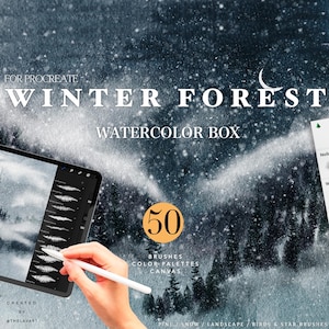 May include: A digital illustration of a snowy winter forest with a crescent moon in the sky. The image is for a Procreate brush set that includes 50 brushes, colour palettes, and canvases. The text "WINTER FOREST WATERCOLOR BOX" is at the top of the image.