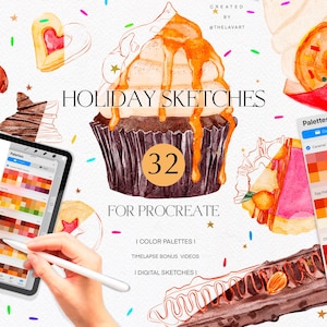 May include: A digital illustration set of 32 holiday-themed sketches for Procreate, featuring a cupcake with caramel icing, a chocolate-covered pastry, and a pink and orange dessert. The set includes color palettes and time-lapse videos.