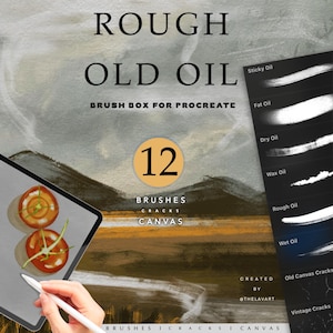 May include: A digital illustration of a tablet with a painting of tomatoes on the screen. The tablet is being held by a hand with a stylus. The image also includes a digital illustration of a mountain range and a river. The text "ROUGH OLD OIL" is at the top of the image. The text "BRUSH BOX FOR PROCREATE" is below the text "ROUGH OLD OIL". The text "12 BRUSHES CRACKS CANVAS" is in a circle in the middle of the image. The text "CREATED BY THELAVART" is at the bottom of the image. The text "BRUSHES I CRACKS I CANVAS" is at the bottom of the image.