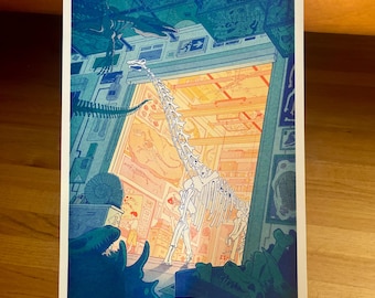 Trabajando hasta tarde (En la sala de los dinosaurios) - Impresión Risograph A3