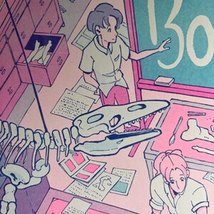 May include: A pale pink and blue illustration of a classroom with a dinosaur skeleton, a student pointing to a chalkboard with the word "Bones" written on it, and another student examining the skeleton.