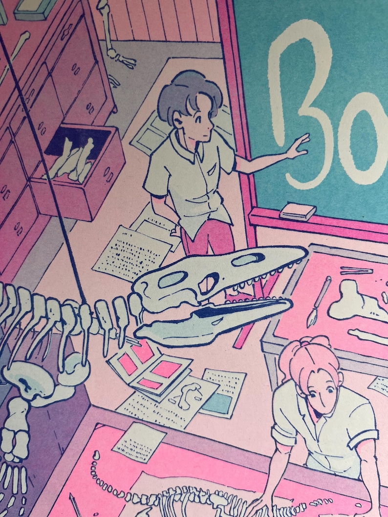 May include: A pale pink and blue illustration of a classroom with a dinosaur skeleton, a student pointing to a chalkboard with the word "Bones" written on it, and another student examining the skeleton.