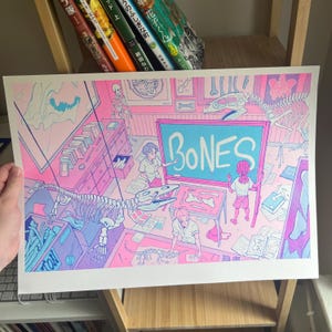 May include: A pink and blue illustration of a classroom with a chalkboard that says "BONES" and a skeleton of a dinosaur hanging from the ceiling. There are several other skeletons and bones in the classroom.