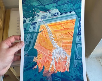 Trabajando hasta tarde (en la sala de dinosaurios) - Impresión Risograph A4
