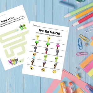 May include: Two printable worksheets for kids. The first worksheet is a maze game with the text "Draw a Line" and instructions to help two characters find their friends. The second worksheet is a matching game with the text "Find the Match!" and instructions to circle the two matching pictures in each row.