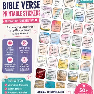 May include: A collection of 50+ Bible verse printable stickers with various designs. The stickers are designed to inspire faith and bring joy. The image includes text such as "Inspiration for Every Day" and "Instant Download". Perfect for journals, water bottles, notebooks, and laptops.