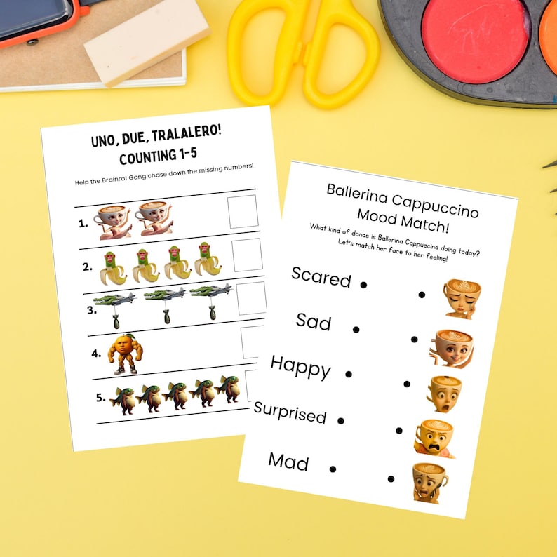 May include: Two educational worksheets on a yellow surface. One worksheet is titled "UNO, DUE, TRALALERO! COUNTING 1-5" and the other is "Ballerina Cappuccino Mood Match!". The worksheets feature cartoon illustrations and fill-in-the-blank exercises.