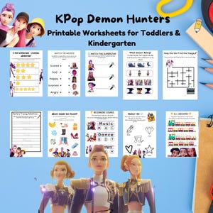 Puede incluir: Hojas de trabajo imprimibles para niños pequeños y de jardín de infancia, con el texto "KPop Demon Hunters". Las hojas de trabajo incluyen actividades de conteo, emparejamiento y trazado, con ilustraciones coloridas.