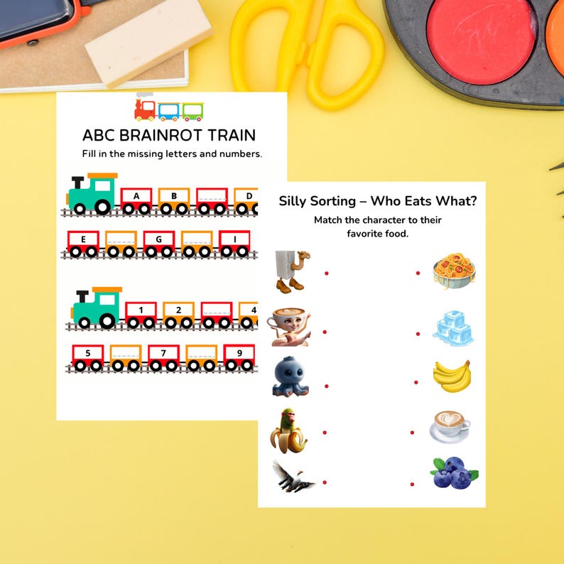 May include: Two educational worksheets on a yellow surface. One worksheet is titled "ABC BRAINROT TRAIN" and features a train with missing letters and numbers. The other is "Silly Sorting - Who Eats What?" with characters and food.