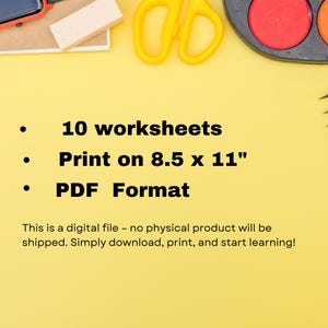 May include: A yellow background with text indicating 10 worksheets in PDF format, designed to print on 8.5 x 11 inch paper. The image also shows school supplies like scissors and paint.