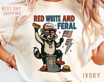 Comfort Colors Funny 4th of July Boys Shirt, Red White and Feral Fourth of July Kids Shirt, Patriotic Toddler Boy Tee Blue Checkered Raccoon
