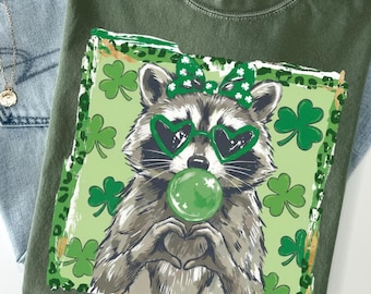 Comfort Colors® St Patrick's Day Raccoon Shirt, Irish Raccoon Shirt, Green Holiday T-shirt Raccoon Bubble Gum Tee St Paddy's Day Raccoon Tee