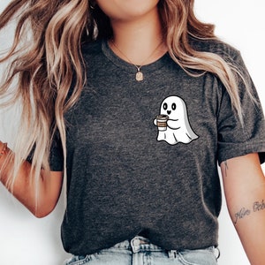 Cute Spooky Coffee Shirt, Womens Ghost T-Shirt, Spooky Season T Shirt, Fall Coffee Lover TShirt, Halloween Party Tee, Fall Graphic Shirt