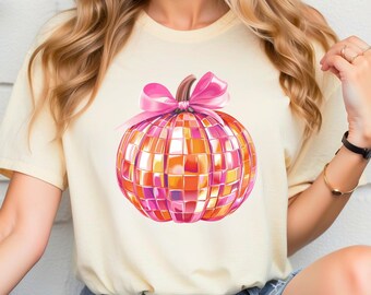 Pink Disco Ball Pumpkin Shirt, Cute Halloween Shirt, Fall Pumpkin Shirt, Coquette Pumpkin Shirt, Vintage Halloween T Shirt, Gift For Her