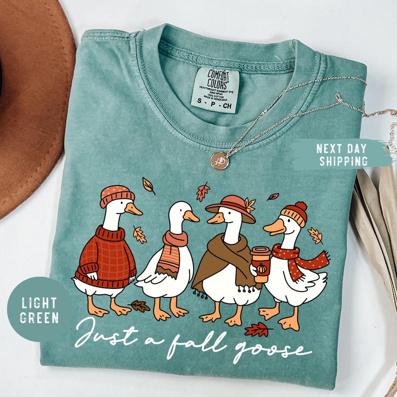 May include: Light green Comfort Colors t-shirt featuring a graphic of four geese dressed in fall attire. The geese are wearing sweaters, scarves, and hats, with the text "Just a fall goose" below. A necklace is draped across the shirt.
