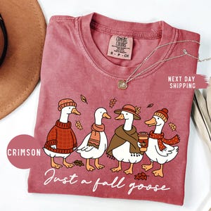May include: Crimson-colored t-shirt featuring a whimsical illustration of four geese dressed in fall attire. The geese are wearing sweaters, scarves, and hats, with the text "Just a fall goose" below. A necklace and a hat are also visible.