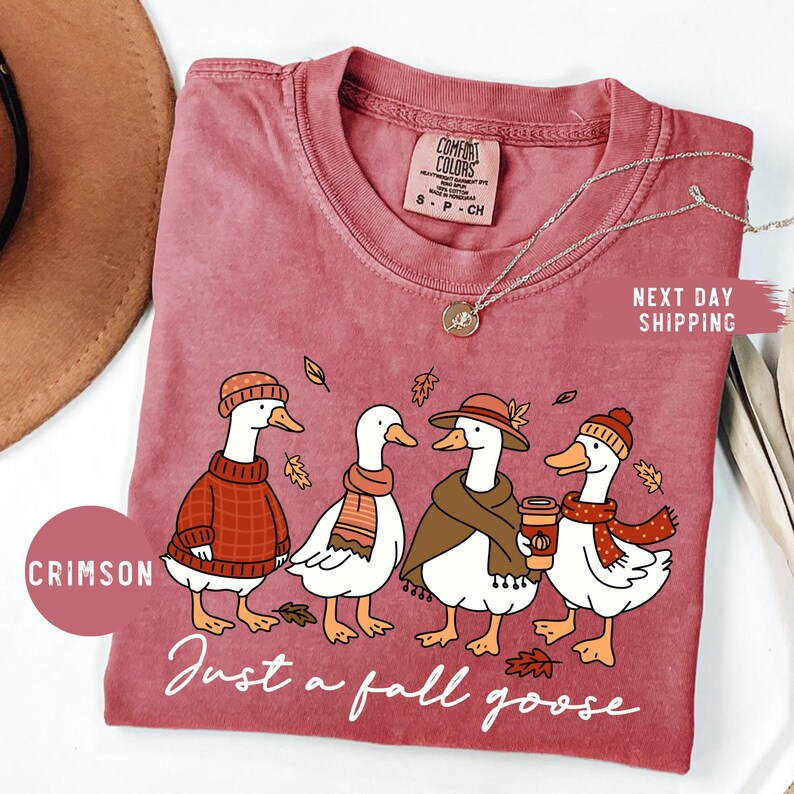 May include: Crimson-colored t-shirt featuring a whimsical illustration of four geese dressed in fall attire. The geese are wearing sweaters, scarves, and hats, with the text "Just a fall goose" below. A necklace and a hat are also visible.