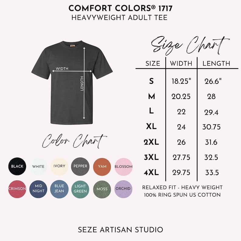 May include: A dark gray Comfort Colors heavyweight adult tee shirt with a size chart and color chart. The size chart shows measurements in inches for width and length, ranging from size S to 4XL. The color chart displays various colors.
